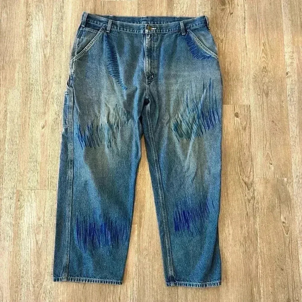 Mens Carhartt Custom Design Marked Up Jeans - 42x30